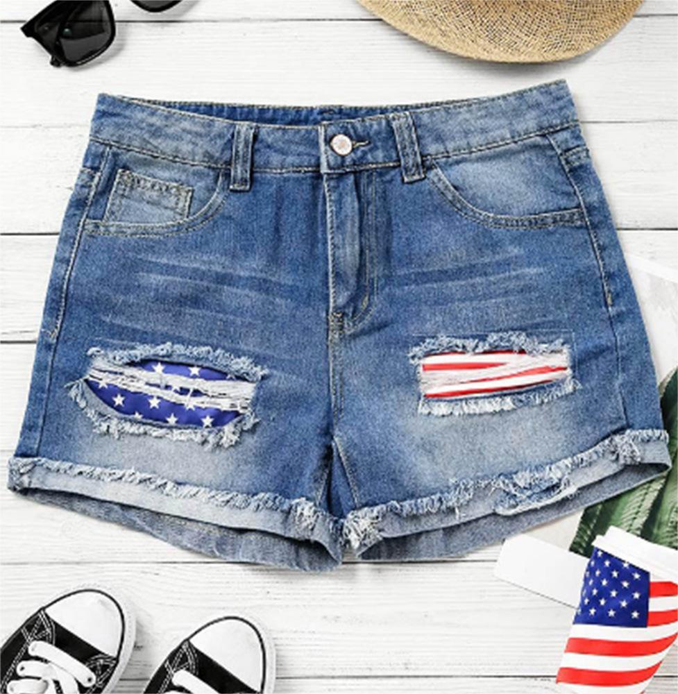 Woman`s Flag Printed Patch Denim Shorts