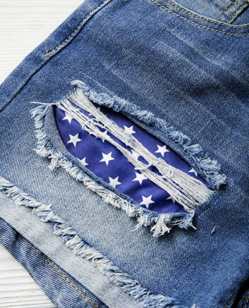 Woman`s Flag Printed Patch Denim Shorts