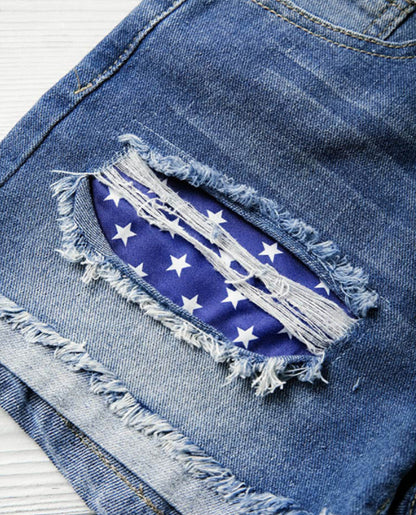 Woman`s Flag Printed Patch Denim Shorts