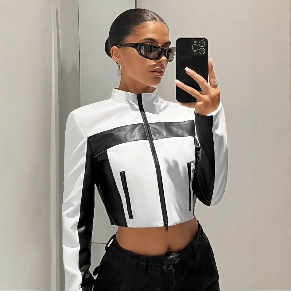 Black And White Contrast Colour Leather Jacket