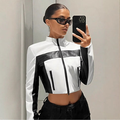 Black And White Contrast Colour Leather Jacket
