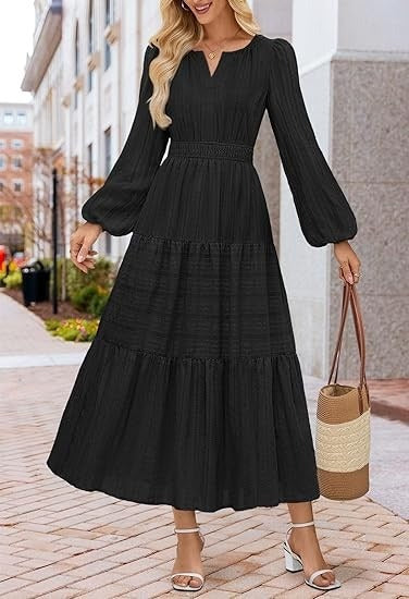 Layered Puffed-sleeve Dress Fashionable Ruffled Maxi Skirt - Woman`s Clothing