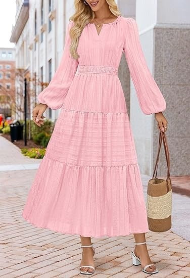 Layered Puffed-sleeve Dress Fashionable Ruffled Maxi Skirt - Woman`s Clothing