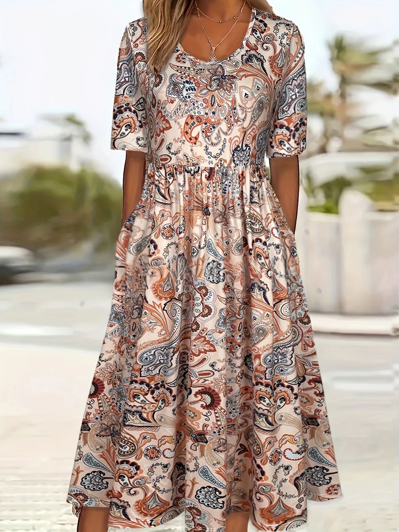 V-neck Short sleeve Belted Maxi Dress With Pockets - Woman`s Clothing