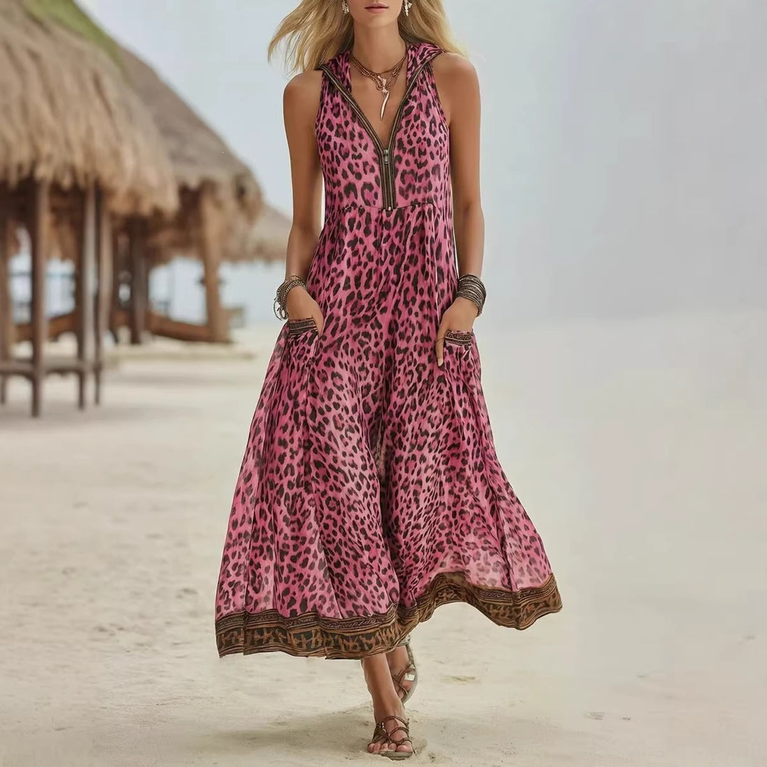 Sleeveless Leopard Print Midi Dress - Woman`s Clothing