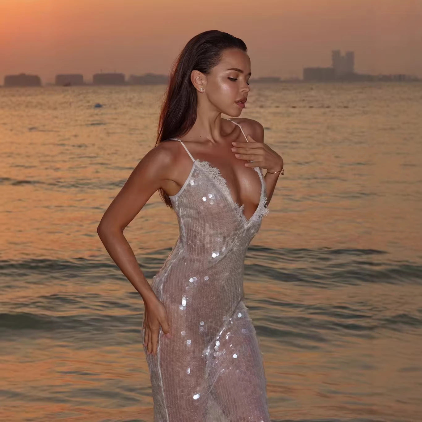 Neck Hanging Backless Spaghetti Strap Sequin Dress - Woman`s Clothing