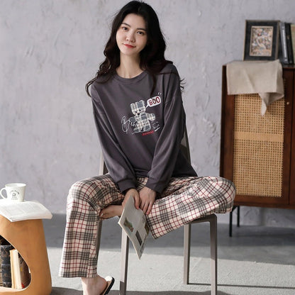 Women Cute Cartoon Print Sleepwear 2 Piece Lounge Set