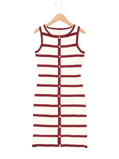 Striped Sleeveless Crewneck Single-breasted Dress - Woman`s Clothing