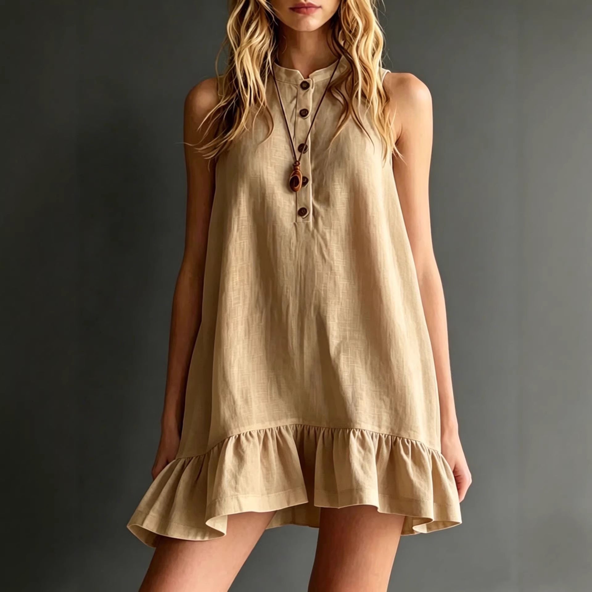 Cotton Solid Colour Stand Collar Sleeveless Ruffle Trim Dress - Woman`s Clothing