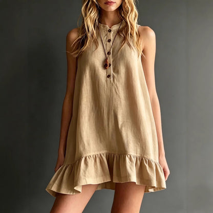 Cotton Solid Colour Stand Collar Sleeveless Ruffle Trim Dress - Woman`s Clothing