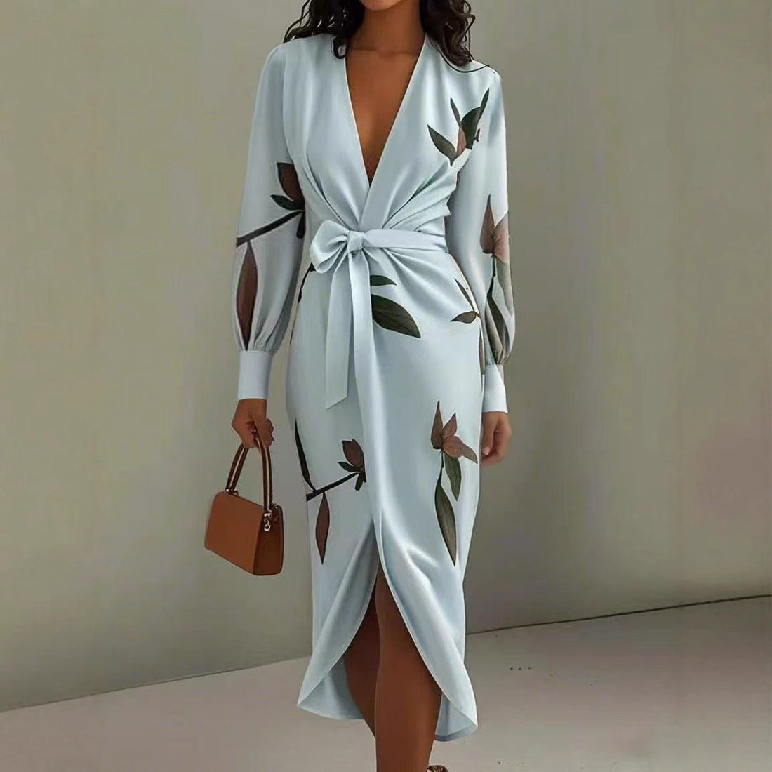 V-neck Long-sleeve Lace-up Printed Maxi Dress - Woman`s Clothing