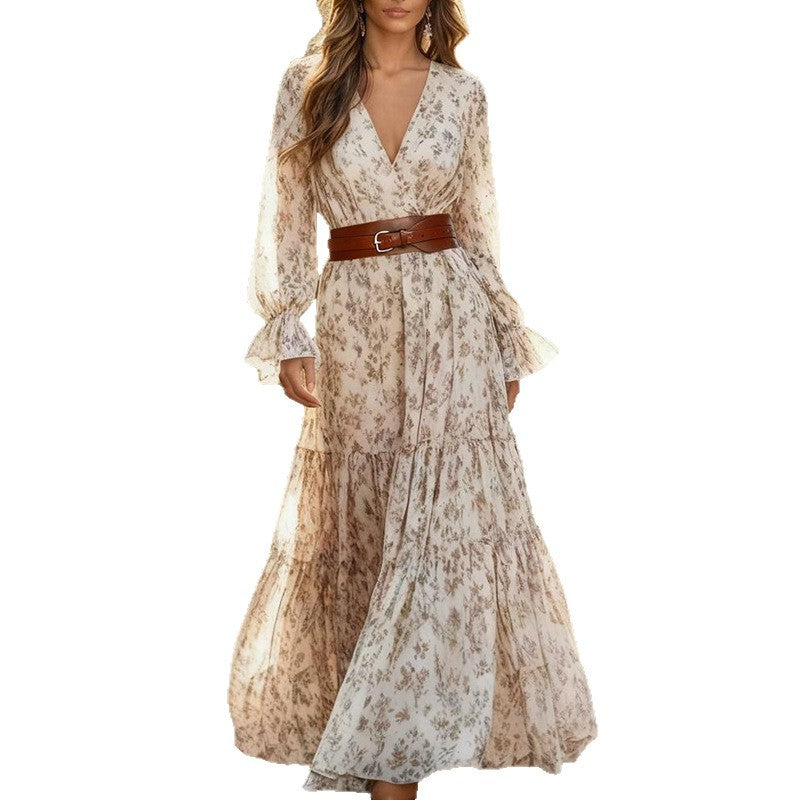 Women`s Printed Floral V-Neck Dress - Woman`s Clothing