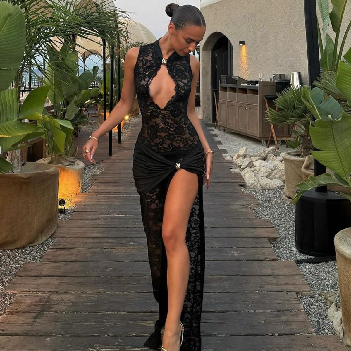 Sexy Fashionable Lace Slit Slim Fit Sleeveless Dress - Woman`s Clothing