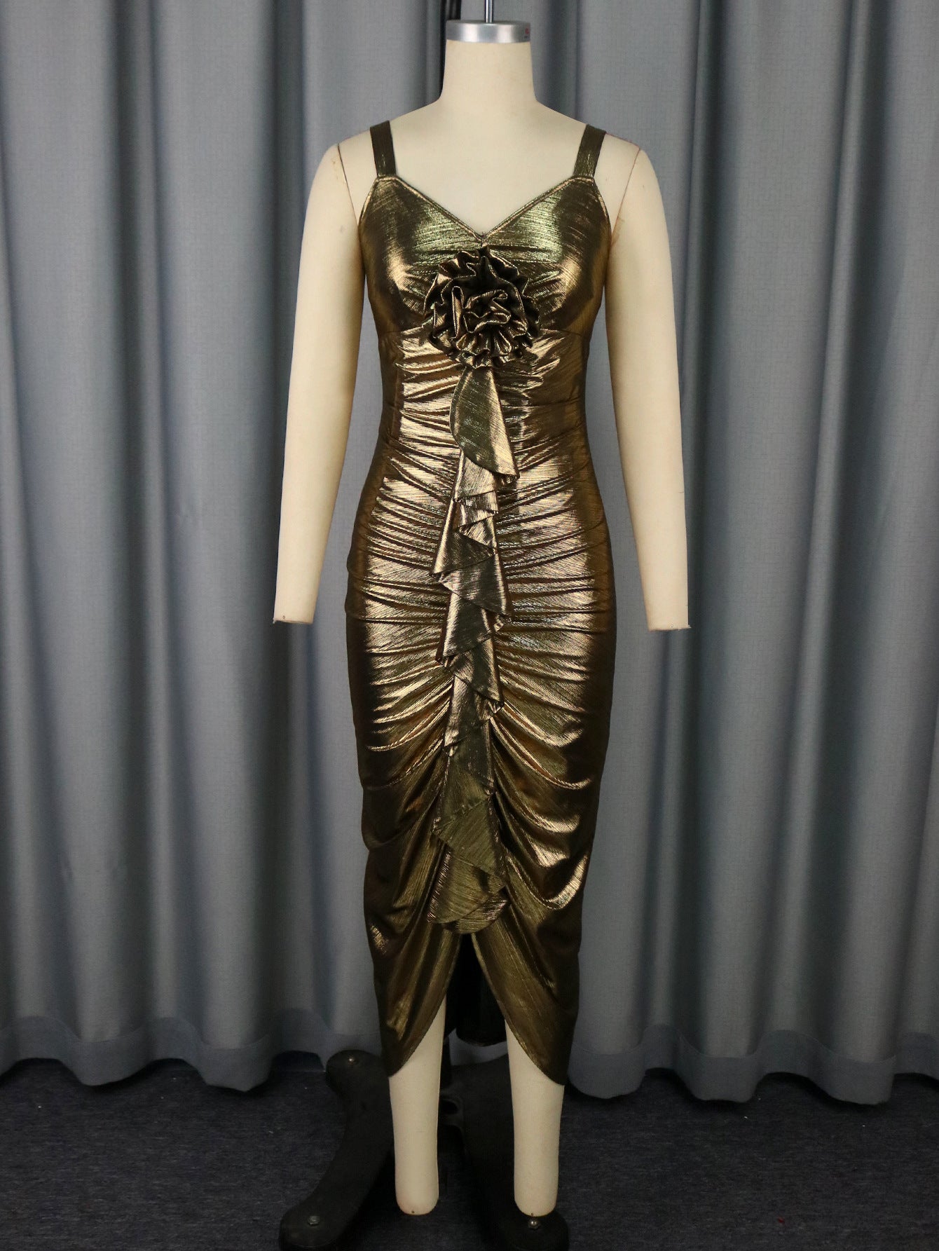 Female Solid Color Summer Sling Golden Party Dress - Woman`s Clothing