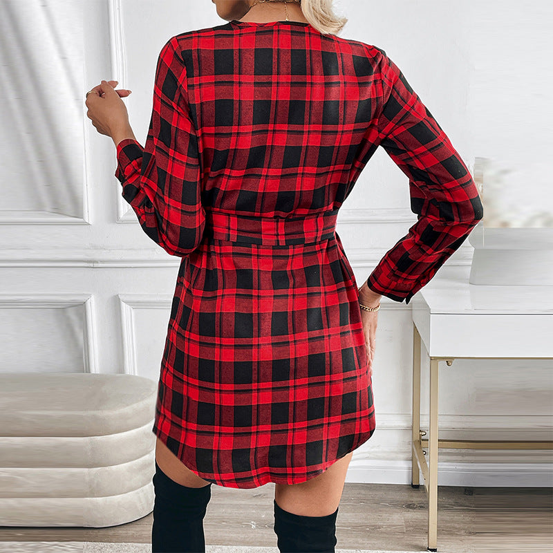 Fashionable Plaid Long Sleeve Belted Dress - Woman`s Clothing