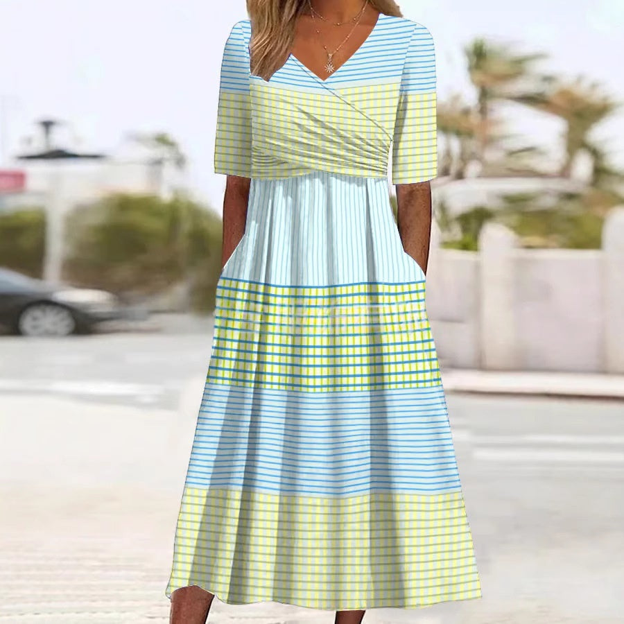 V-neck Short sleeve Belted Maxi Dress With Pockets - Woman`s Clothing