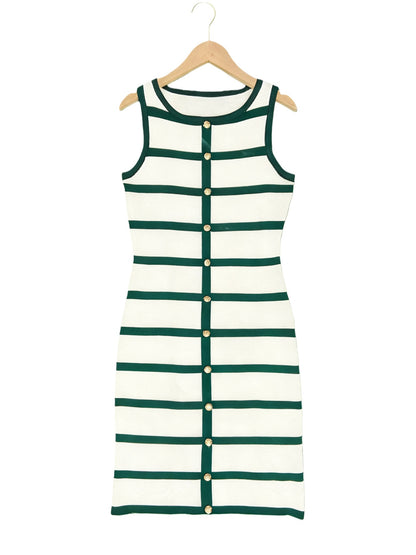 Striped Sleeveless Crewneck Single-breasted Dress - Woman`s Clothing