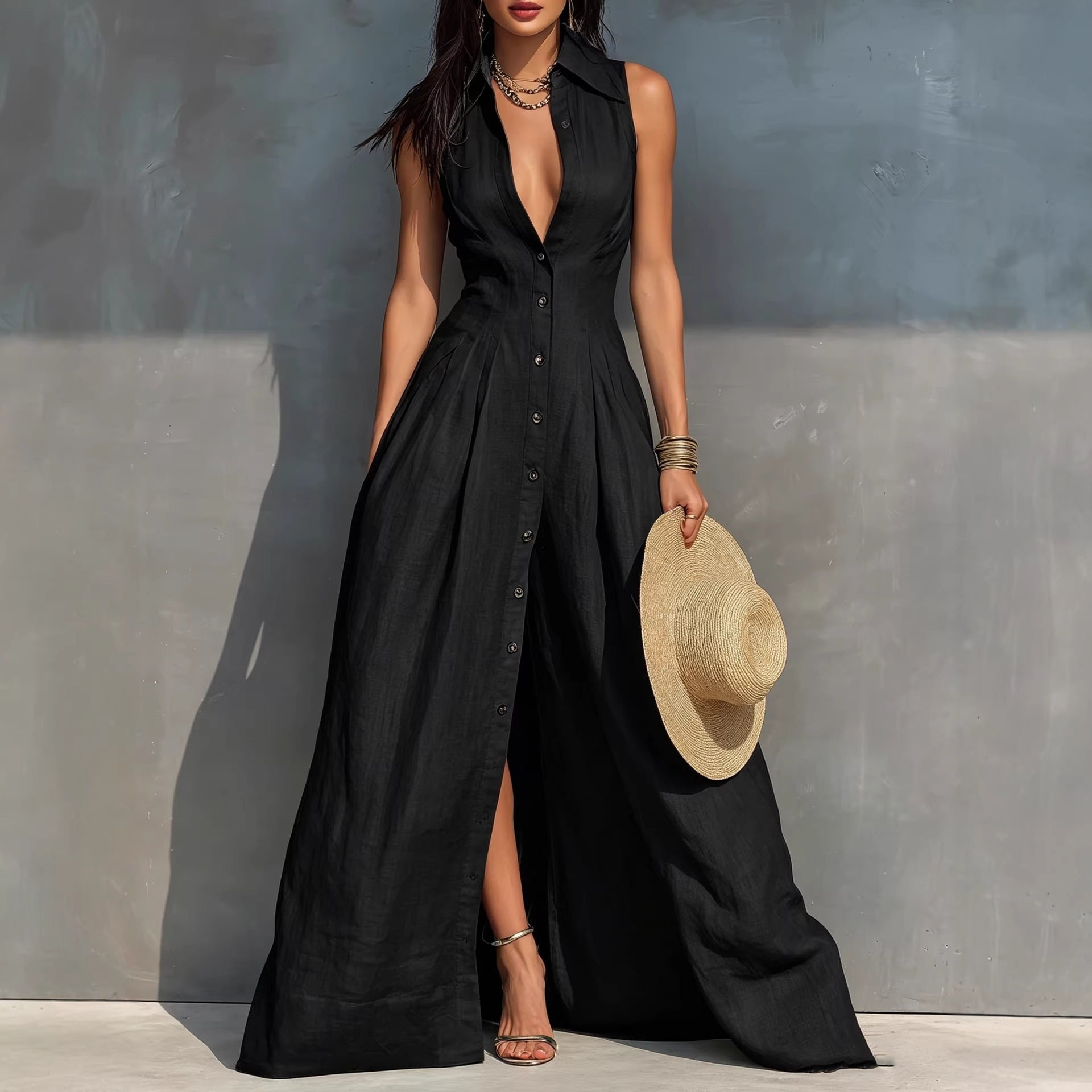 High Waisted Lapel Shirt Style Maxi Dress - Woman`s Clothing