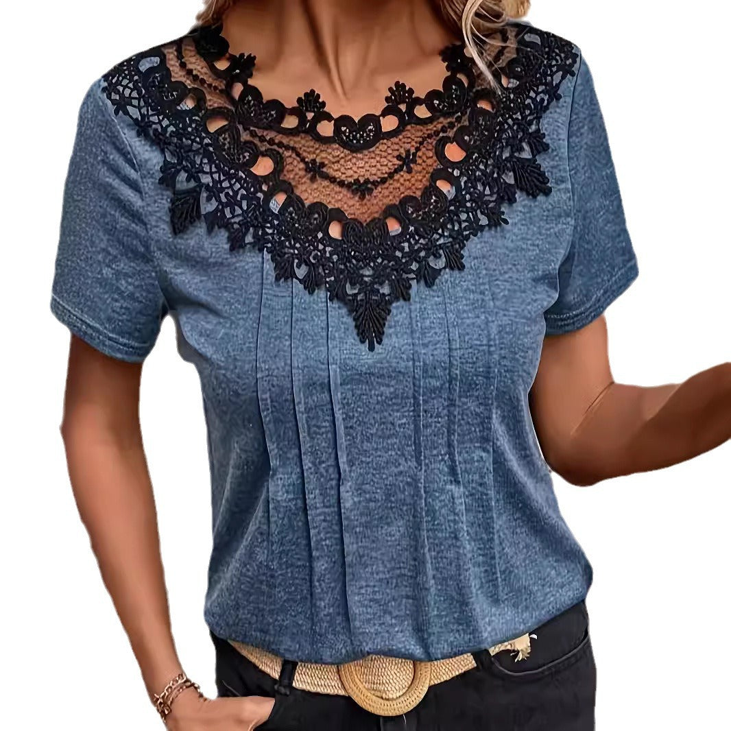 Lace Patchwork Ruffled Short-sleeved T-shirt - Woman`s Clothing