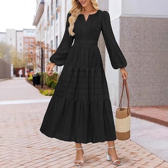 Layered Puffed-sleeve Dress Fashionable Ruffled Maxi Skirt - Woman`s Clothing