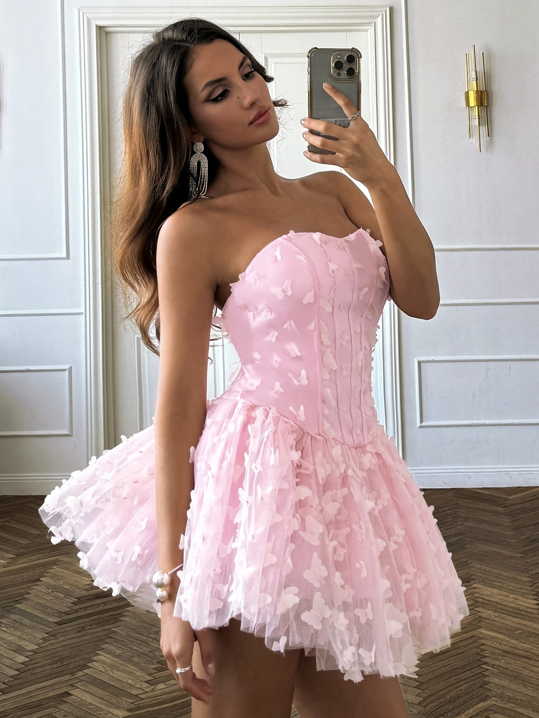 Butterfly Decorated Strapless Puffy Skirt For Ladies - Woman`s Clothing