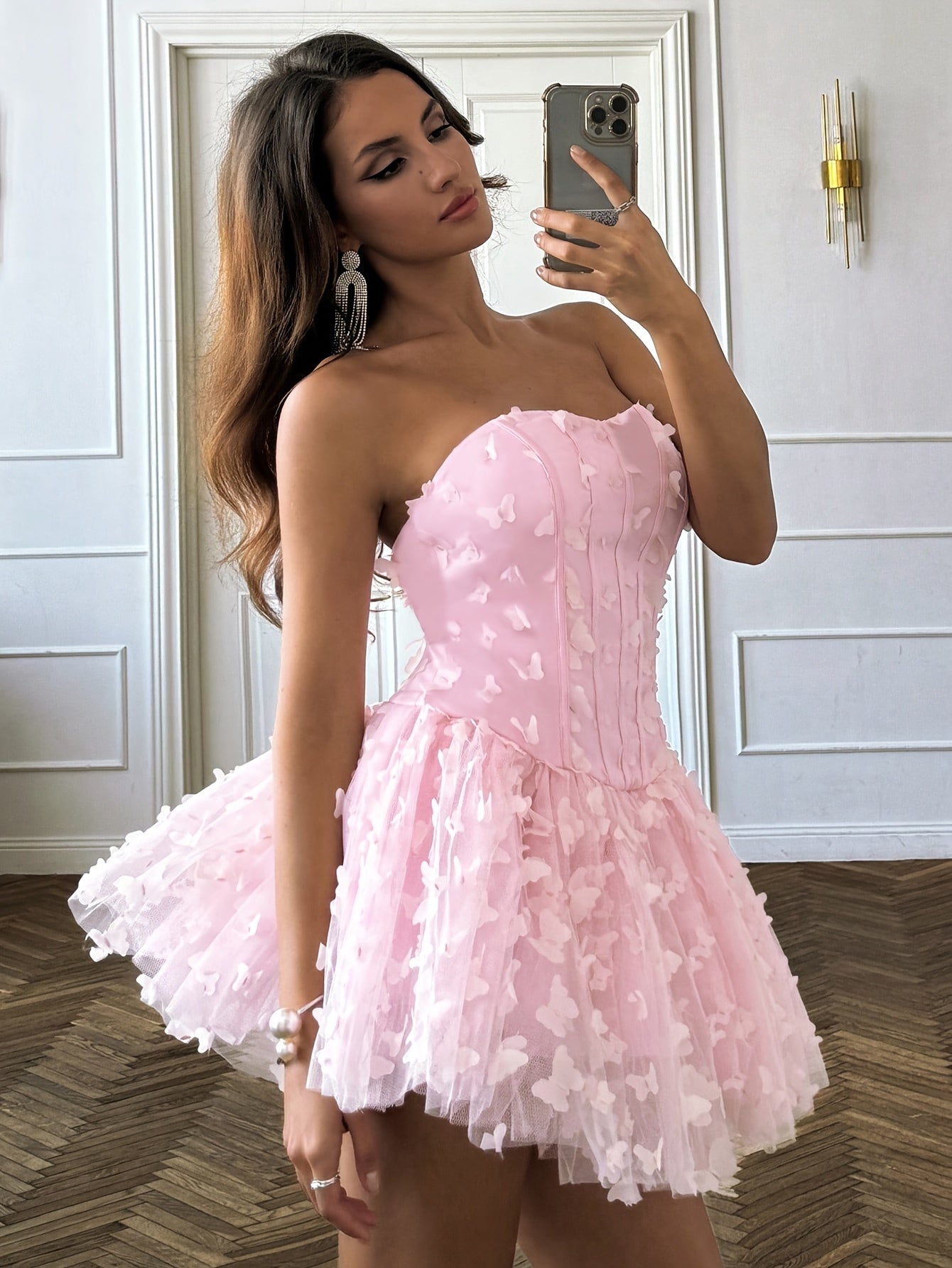 Butterfly Decorated Strapless Puffy Skirt For Ladies - Woman`s Clothing