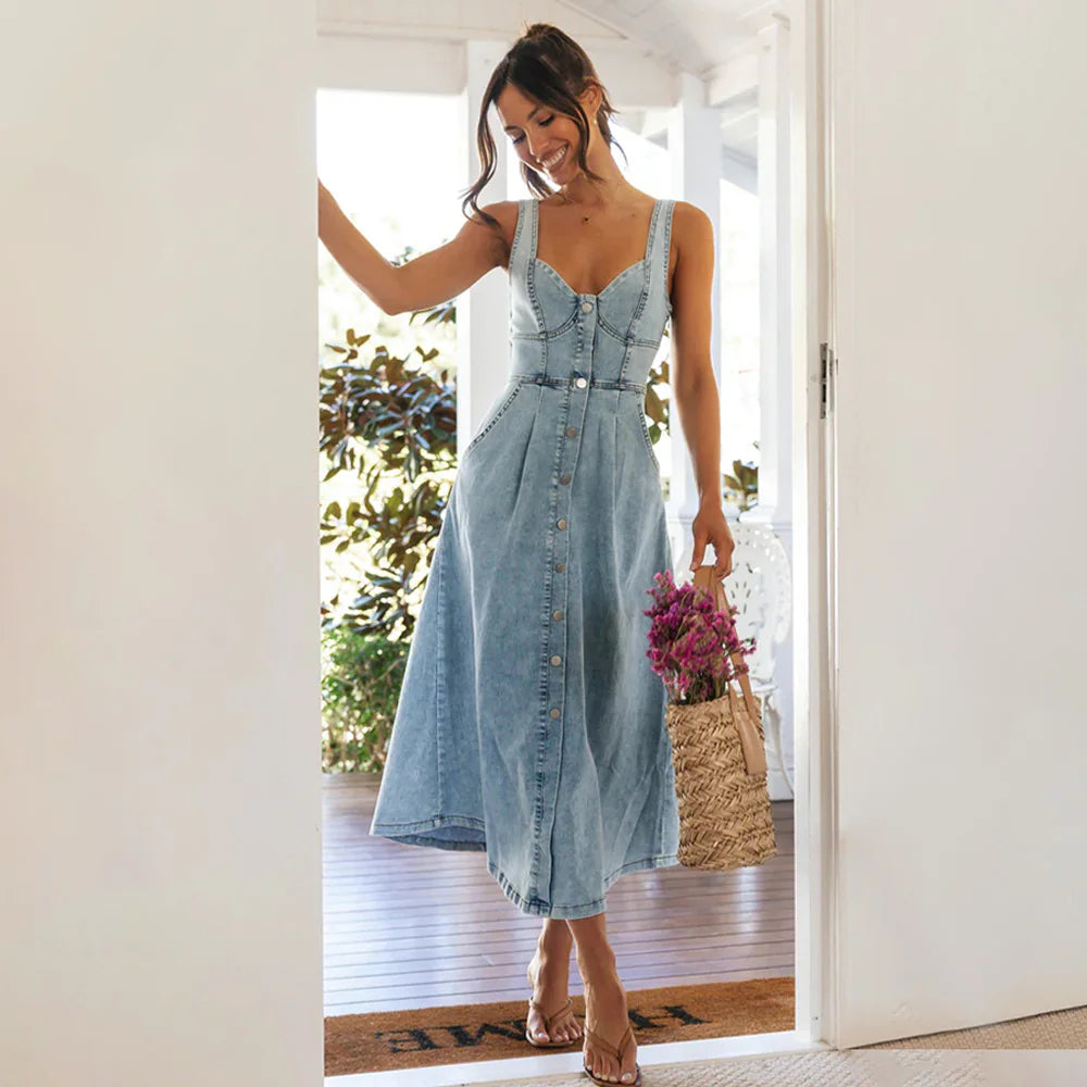 Urban Charm Denim Midi Dress Woman`s Clothing 49.00