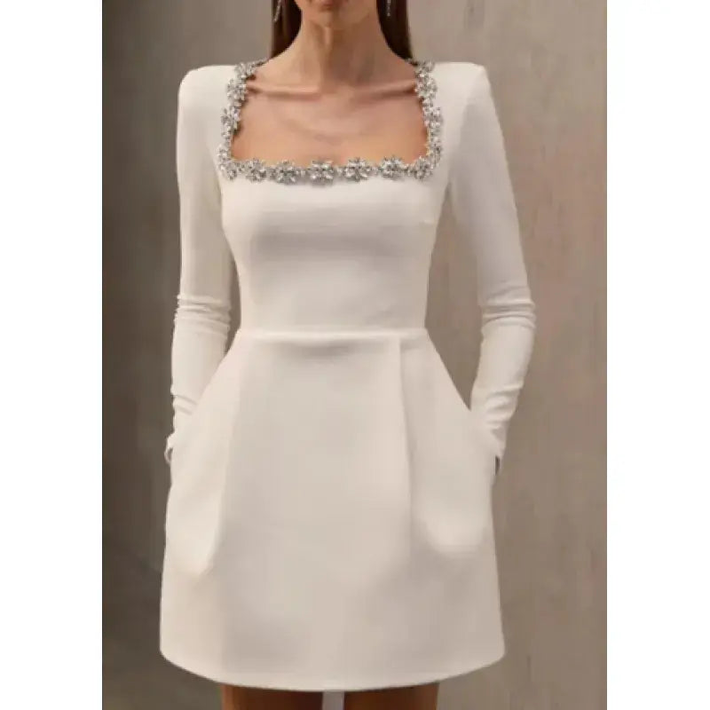 Elegant Square Collar Pearl Ruffled Short Fashion Dress 09SPLTY 59.00