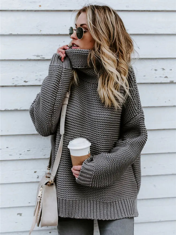 Warm Knitted Turtleneck Sweater - Woman`s Clothing