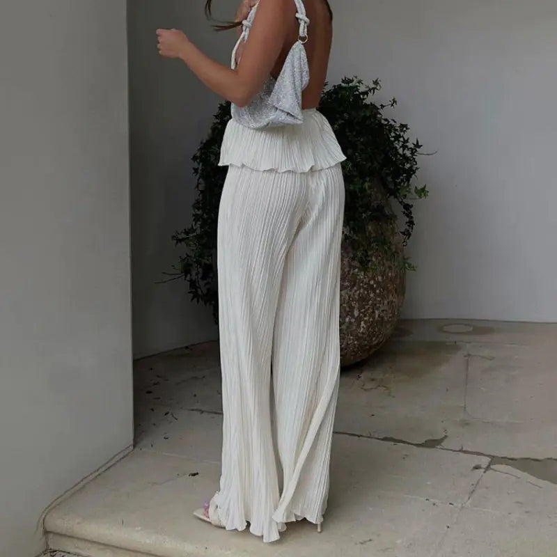 Elegant High Waist Wide Pants and Top Set - Woman`s Clothing