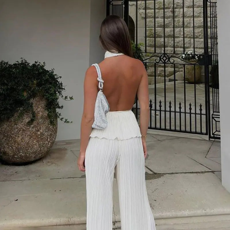 Elegant High Waist Wide Pants and Top Set - Woman`s Clothing