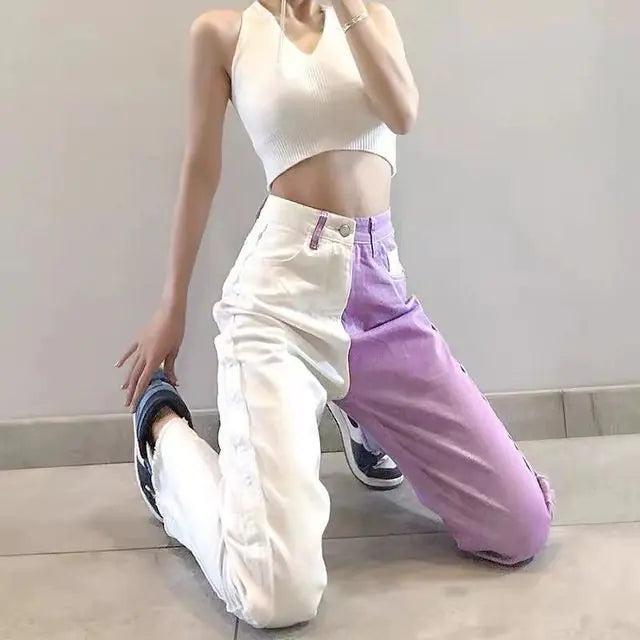 White Purple Crop Casual Straight Tube Pants