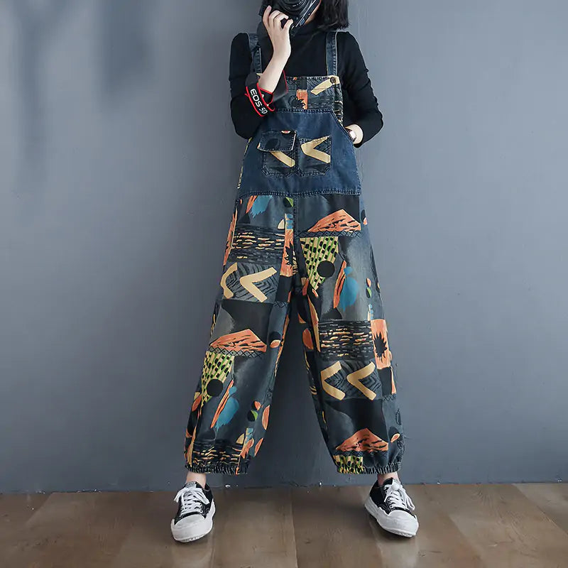 Abstract Print Denim Rompers - Woman`s Clothing