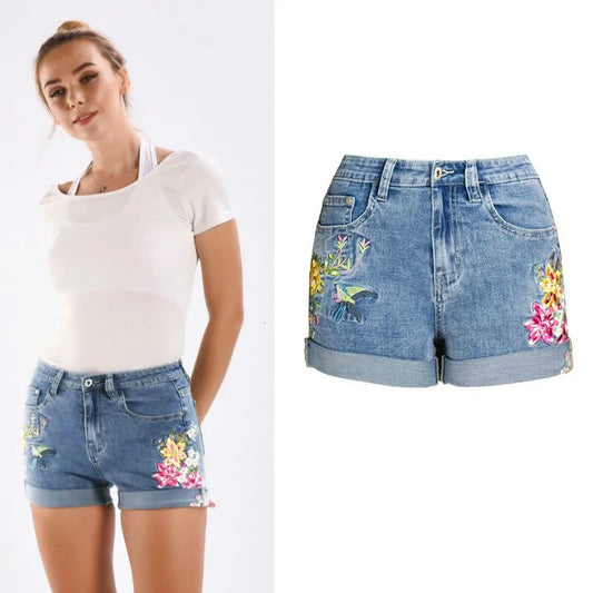 Flower Embroidery Denim Shorts - Woman`s Clothing