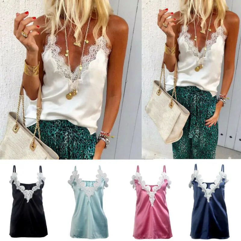 Gothic Lace Satin Silk Sequin Tank Top - Woman`s Clothing