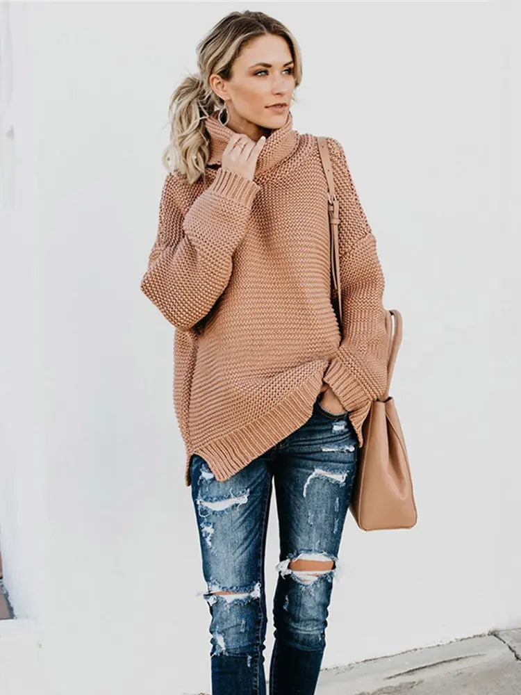 Warm Knitted Turtleneck Sweater - Woman`s Clothing