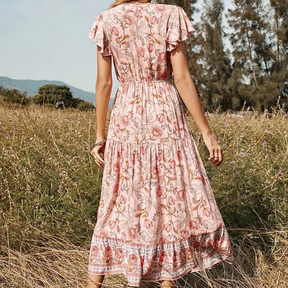 V-neck Floral Spring and Summer Dress Woman`s Clothing