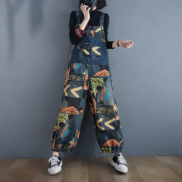 Abstract Print Denim Rompers - Woman`s Clothing