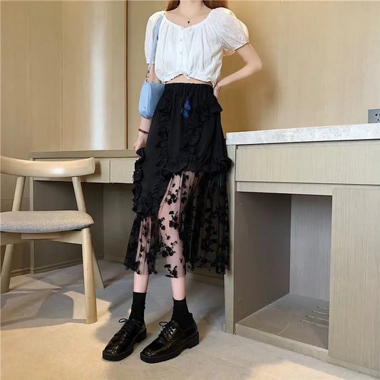 Black Lace Patchwork Skirt - Woman`s Clothing