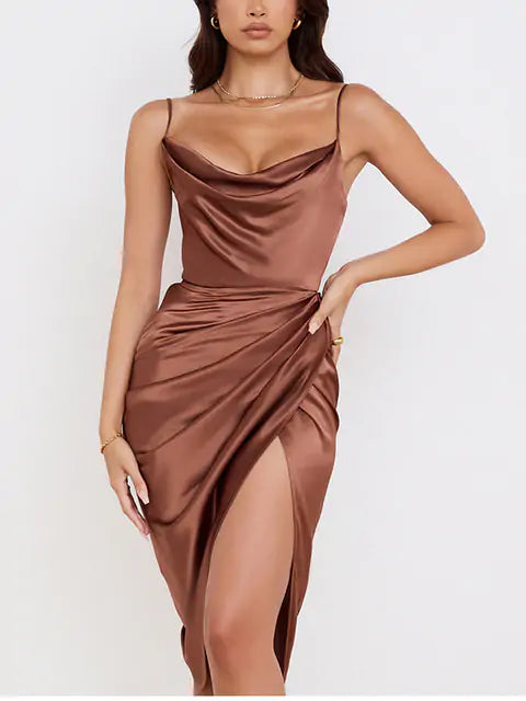 Midi Satin Split Adjustable Strap Dress - Woman`s Clothing