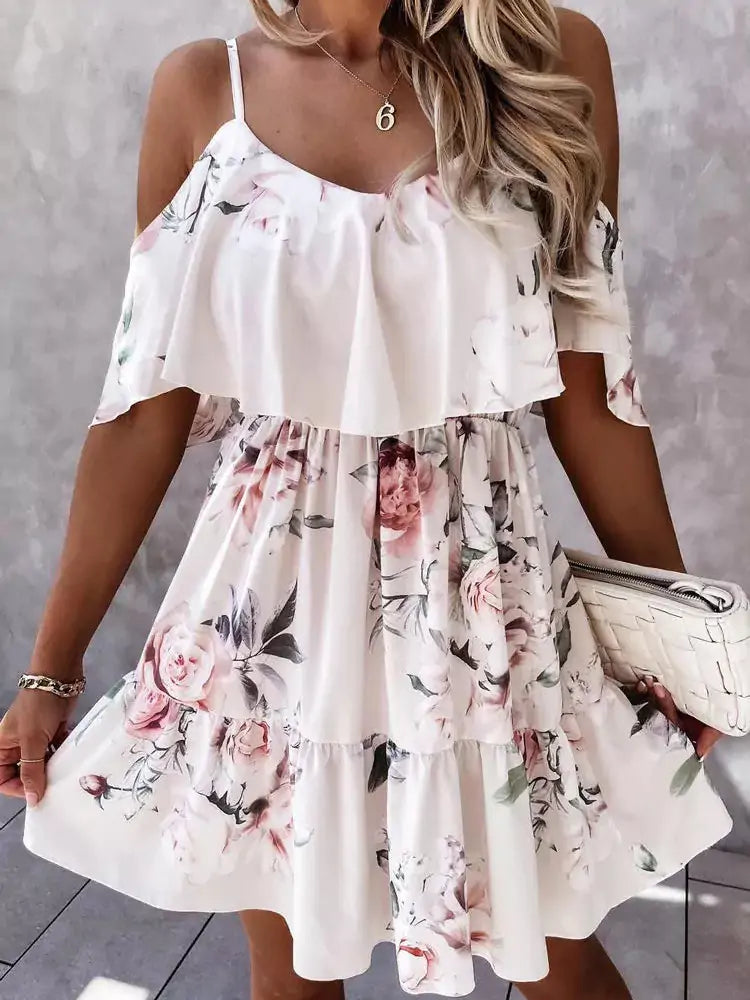 Off Shoulder Floral Mini Dress - Woman`s Clothing