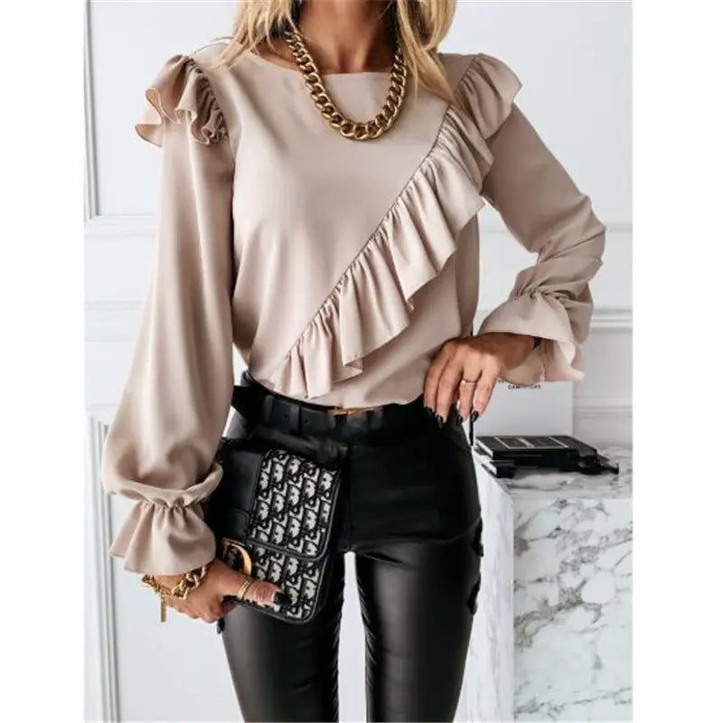 Office Work Ruffles O-Neck Blouse - Woman`s Clothing